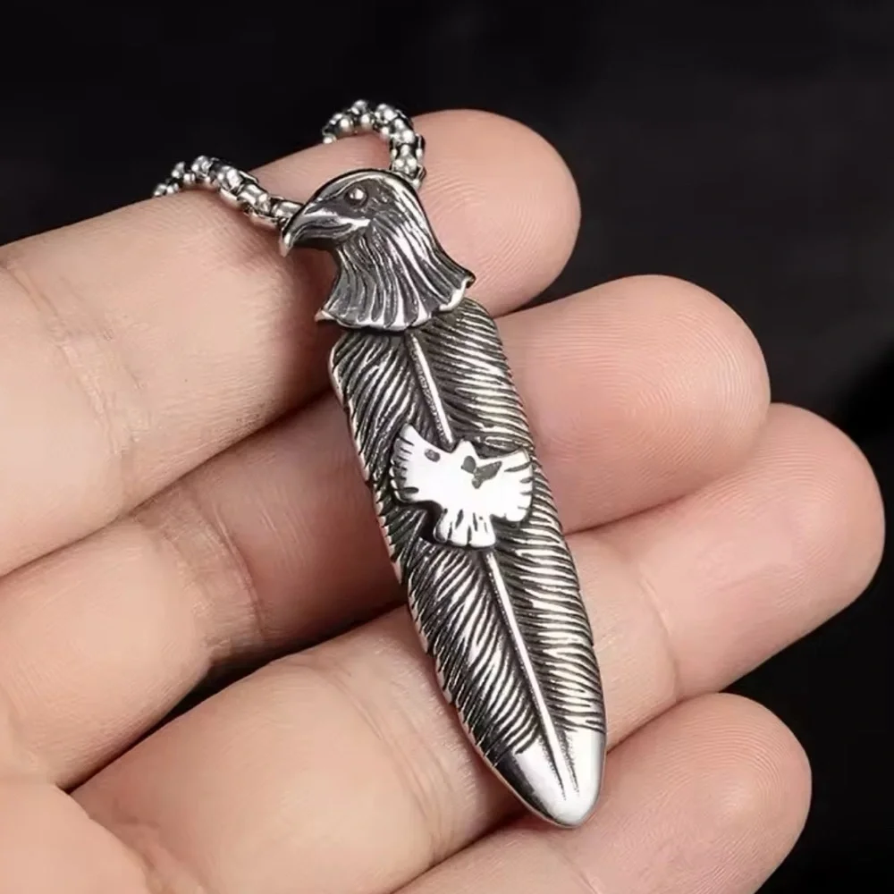 Platinum Plated Eagle Head Feather With Eagle Shaped Piece Bohemian Necklace